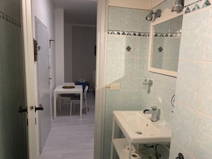 Un baño con lavamanos, espejo y dispensador de papel higiénico. En la sala contigua hay una mesa con sillas.