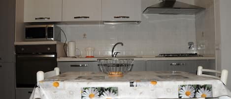 Een microgolfoven, een oven, een kookplaat, een vaatwasser