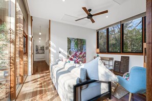 Smart TV, fireplace, books