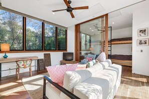 Smart TV, fireplace, books