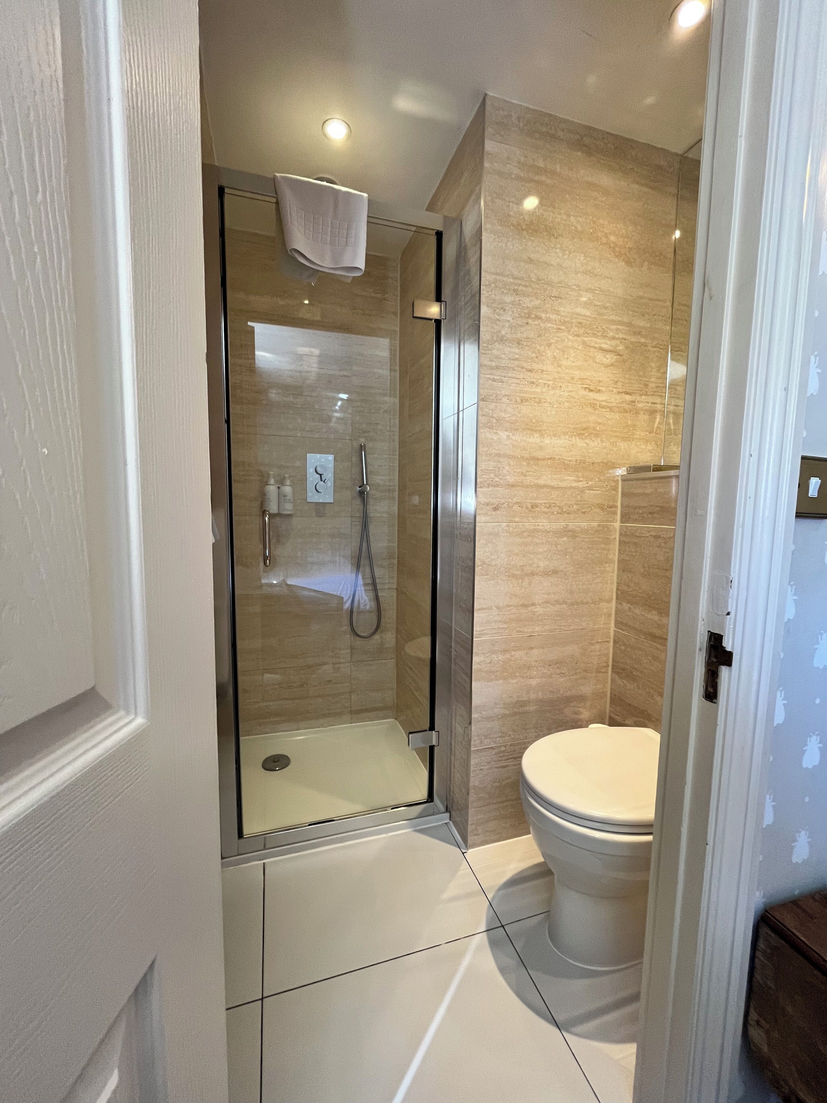 A modern bathroom with a glass-enclosed shower, a toilet, and a white door.