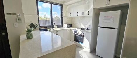 Fridge, microwave, oven, stovetop