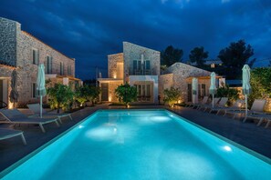 Outdoor pool, pool umbrellas, pool loungers