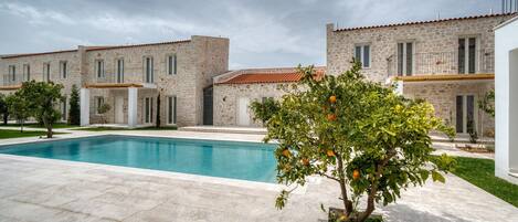 Outdoor pool, pool umbrellas, pool loungers