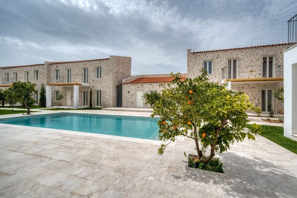 Outdoor pool, pool umbrellas, pool loungers
