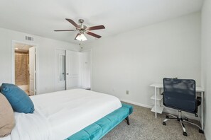 1 bedroom, desk, iron/ironing board, travel crib