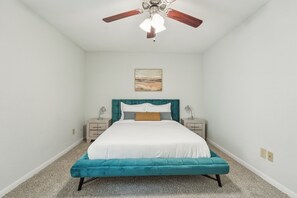 1 bedroom, desk, iron/ironing board, travel crib