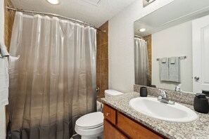 Une salle de bain équipée d’un rideau de douche, de toilettes, d’un lavabo et d’un miroir.