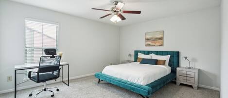 1 bedroom, desk, iron/ironing board, travel cot