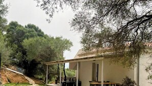 A covered outdoor patio with a dining table and chairs, surrounded by greenery and trees. - Agreen Country House Myrtle (Sardegna)