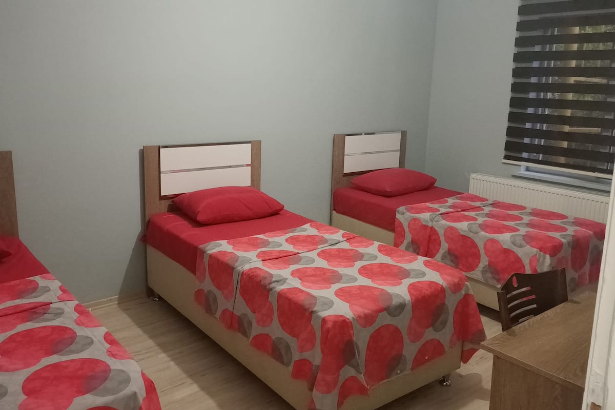 Tremannsrom – basic, bakgårdsutsikt | Skrivebord, skrivebord for bærbar PC og blendingsgardiner