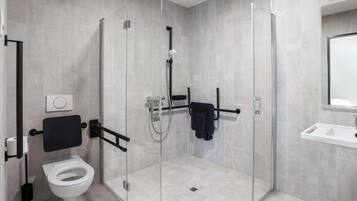 Hair dryer, towels, soap, shampoo