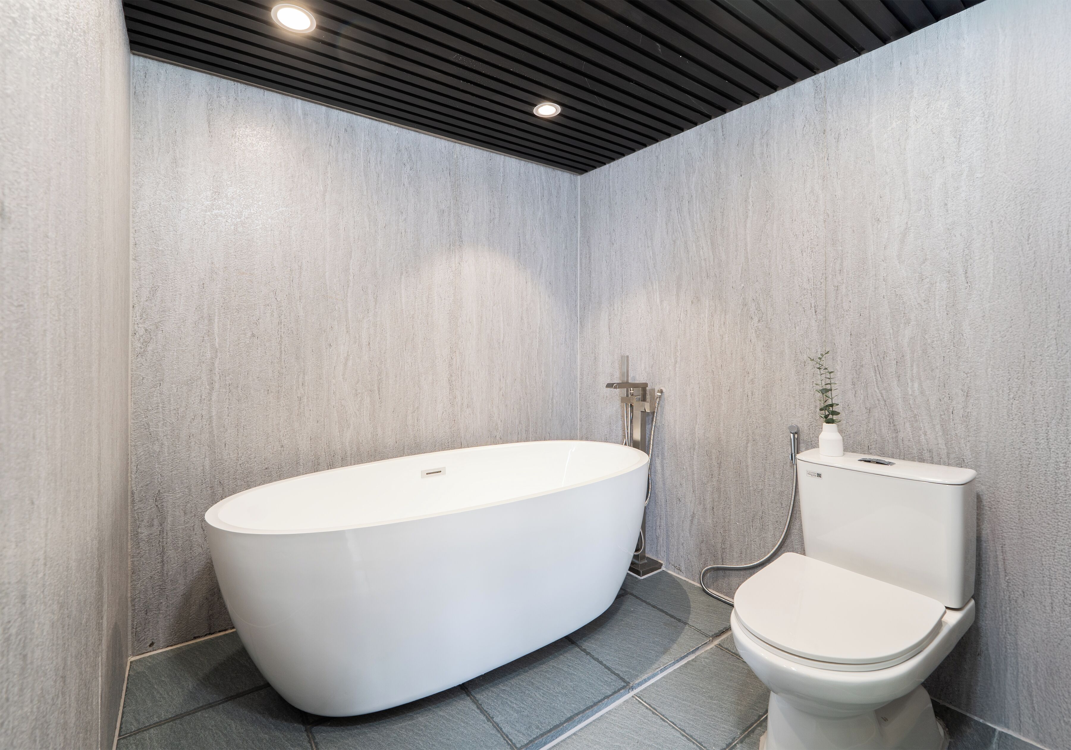 A modern bathroom with a freestanding bathtub, a toilet, and a shower.