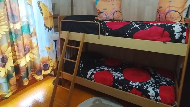 A bunk bed with a ladder, a teddy bear rug, and a floral curtain. - HOLIDAY HOUSE "SUN BEAM OF THE ALPS" The ideal apartment for your vacation (Montoso)