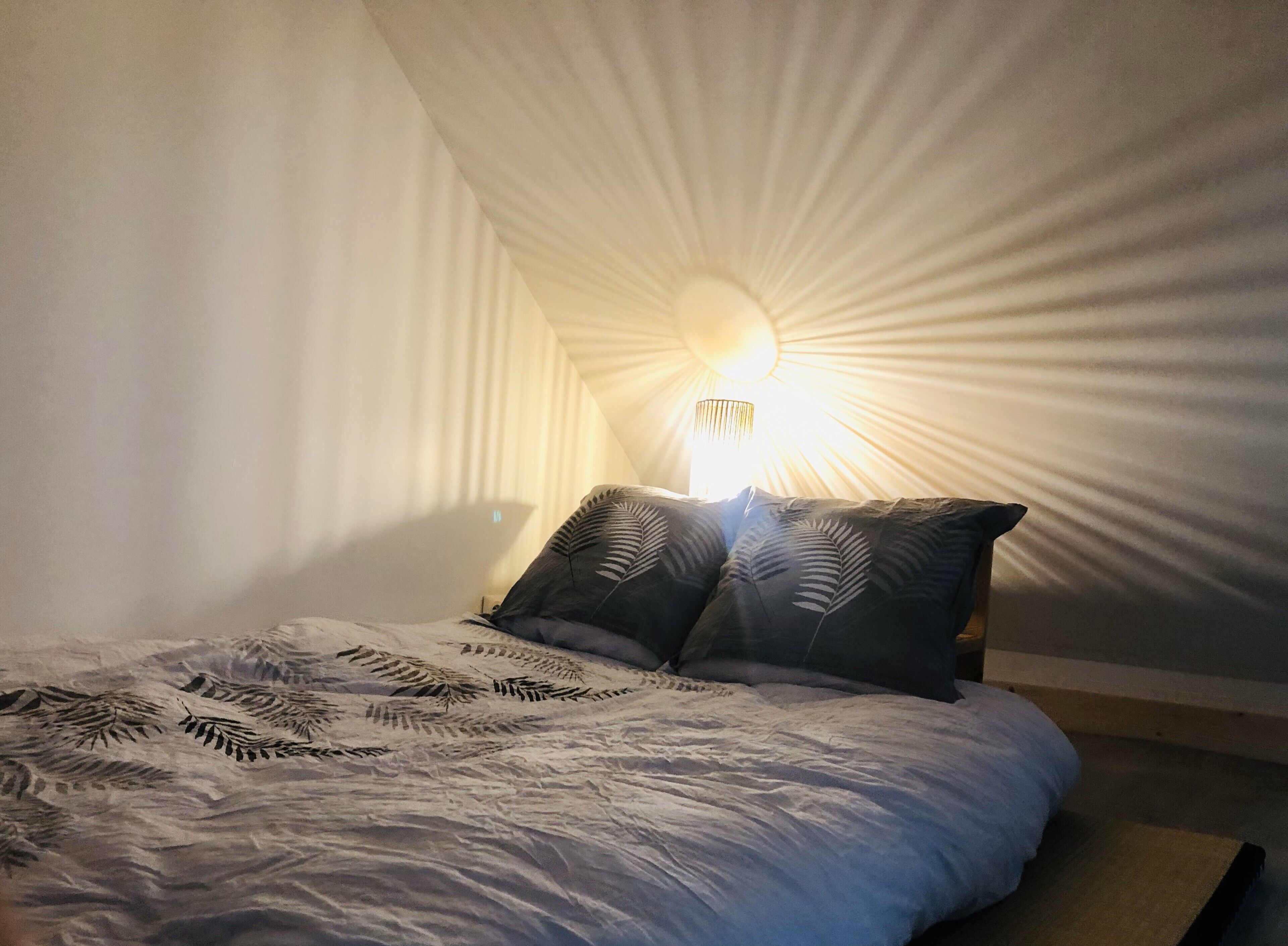 Ein Schlafzimmer mit einem Bett, zwei Kissen, einer Wandleuchte und einer strukturierten Decke.