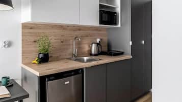 Mini-fridge, microwave, stovetop, electric kettle
