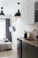 Una cocina moderna con lavavajillas, un fregadero y una planta en maceta.