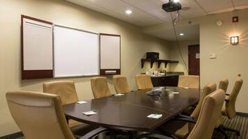 A conference room with a large table, six chairs, a projector, whiteboards, and a small kitchenette area.