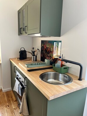 Frigorífico, microondas, horno y placa de cocina