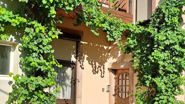 Un bâtiment doté d’un balcon en bois, d’une porte et de plantes grimpantes vertes qui recouvrent le mur.