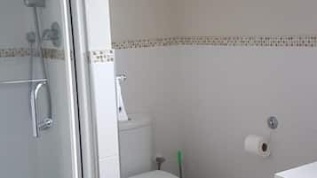 Shower, free toiletries, towels, soap