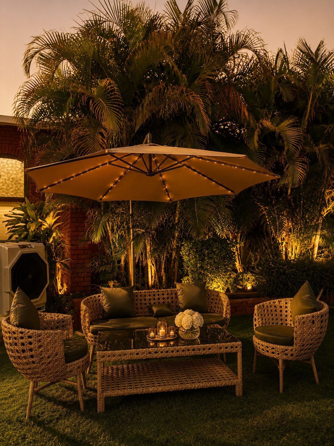 An outdoor seating area with wicker furniture, a table with candles, and an umbrella.