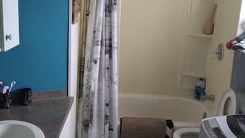 Hair dryer, towels, soap, toilet paper