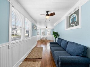 TV, fireplace, books, offices