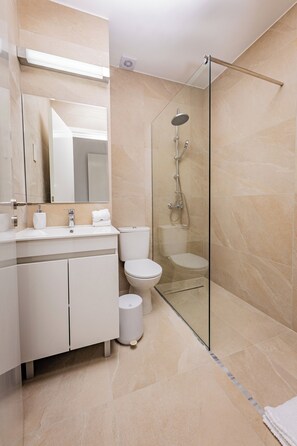 Hair dryer, towels, soap, toilet paper