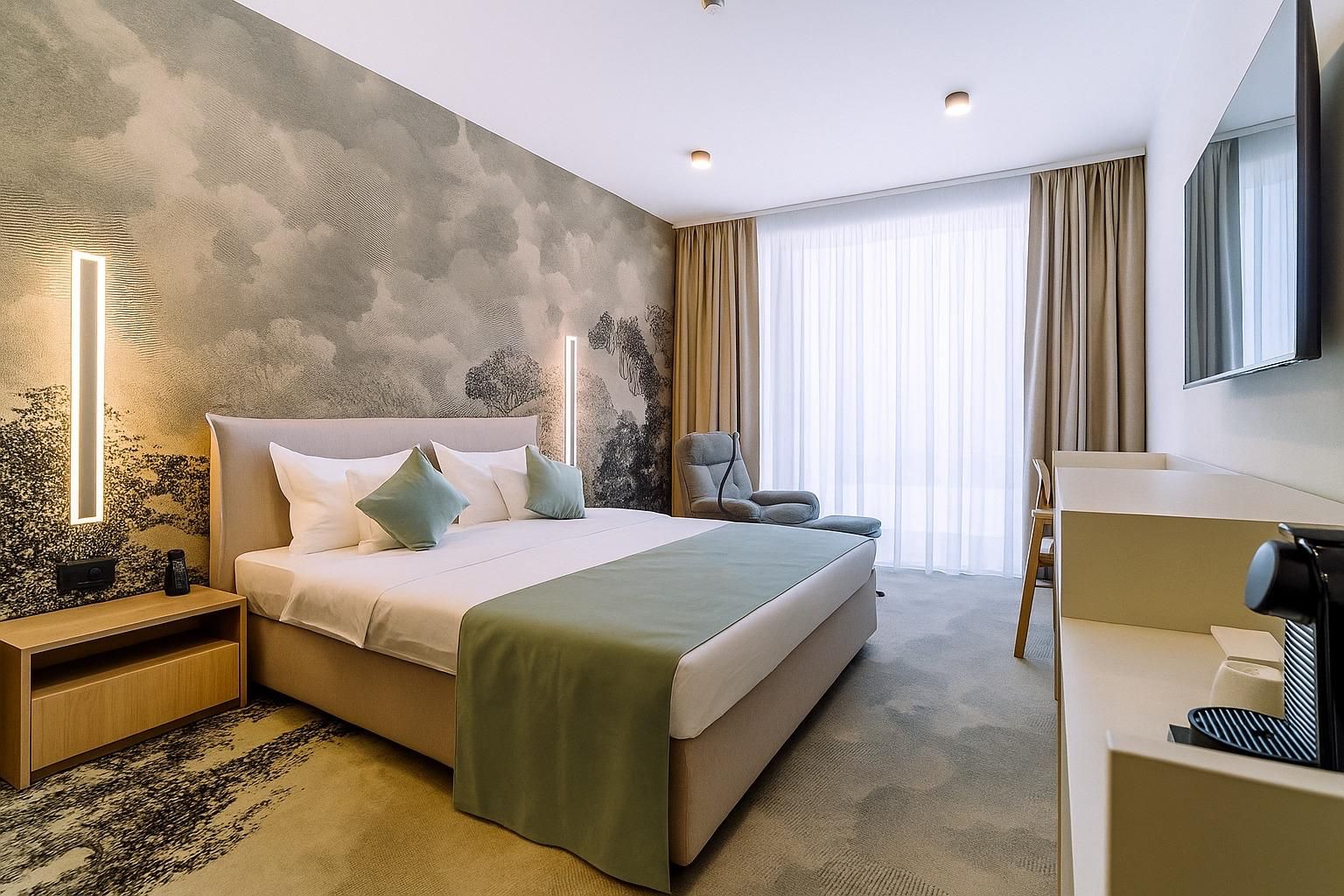 Habitación de hotel con una cama grande, un escritorio, una silla, un televisor y una pared con un mural texturizado.