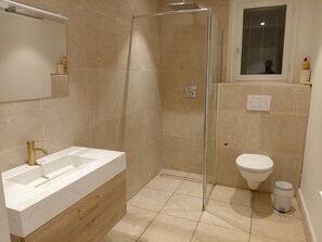 Shower, hair dryer, towels, toilet paper