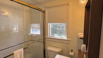 Hair dryer, towels, soap, toilet paper