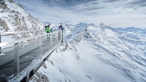 A metal bridge with metal railings and a metal floor, leading to a snowy mountain landscape.