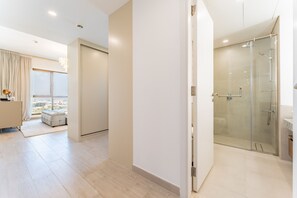 Shower, hair dryer, towels, soap