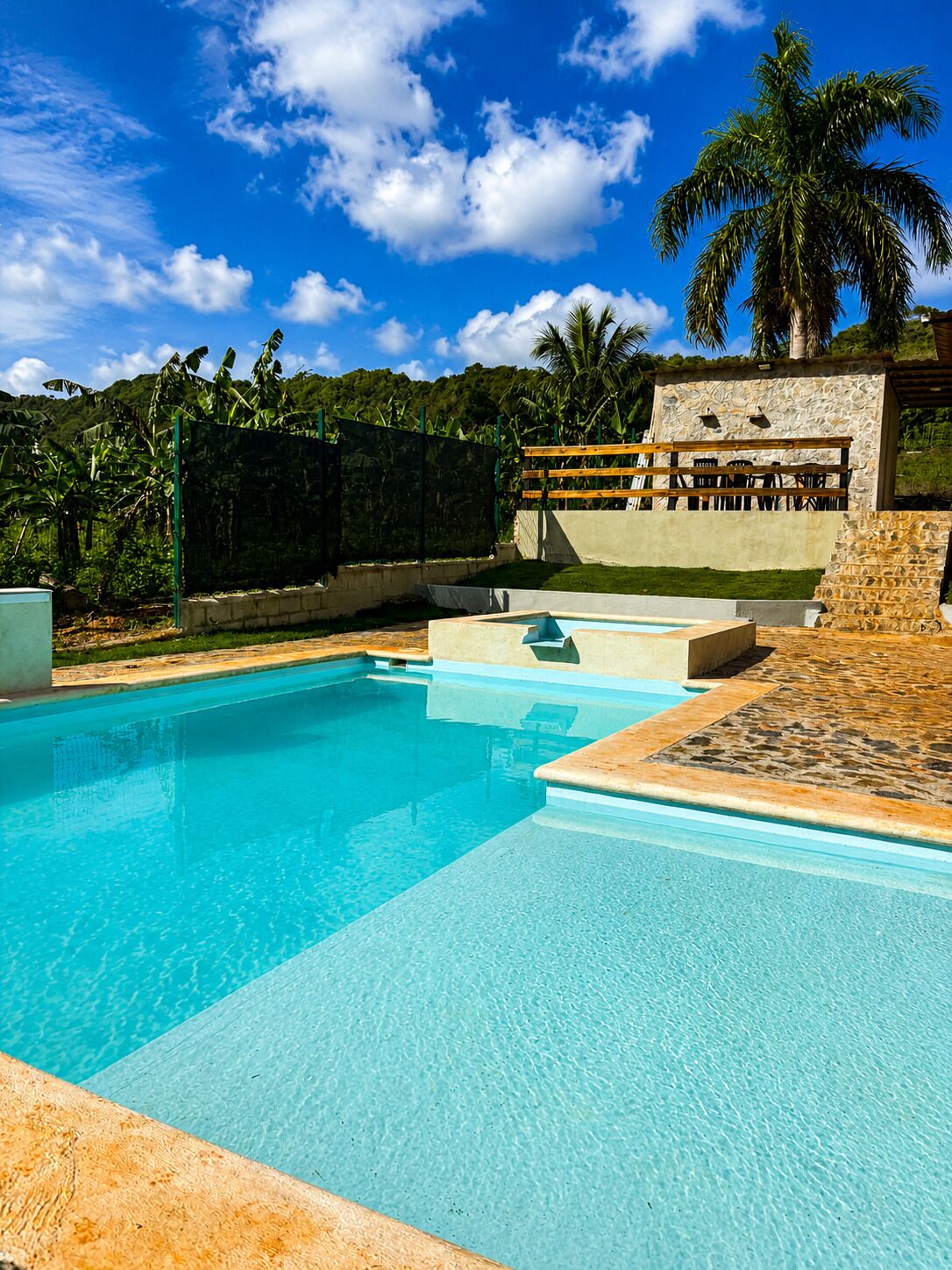 Uma piscina azul límpida com um deck de pedra, rodeada por um muro de pedra e palmeiras.