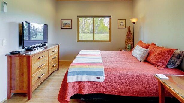 Quarto com cama, televisão em cômoda de madeira, janela com vista para árvores e luminária.