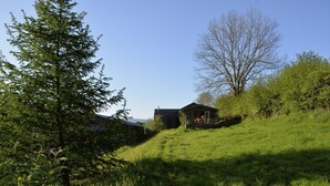 A house with a porch, surrounded by a grassy hill and trees. - Tucked Away Log Cabin on Welsh Hill Farm (Sennybridge)