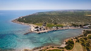 Vue aérienne d’une zone côtière avec un port de plaisance, des bateaux et une petite île abritant des bâtiments.