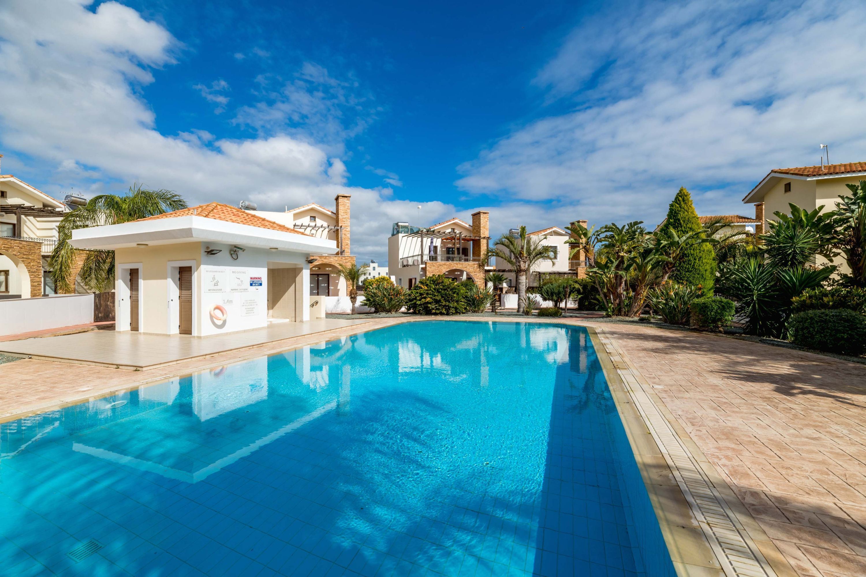 Una piscina con solárium empedrado, rodeada de edificios con balcones y palmeras.