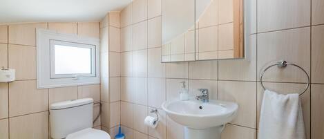 A bathroom with a toilet, sink, mirror, and towel rack.