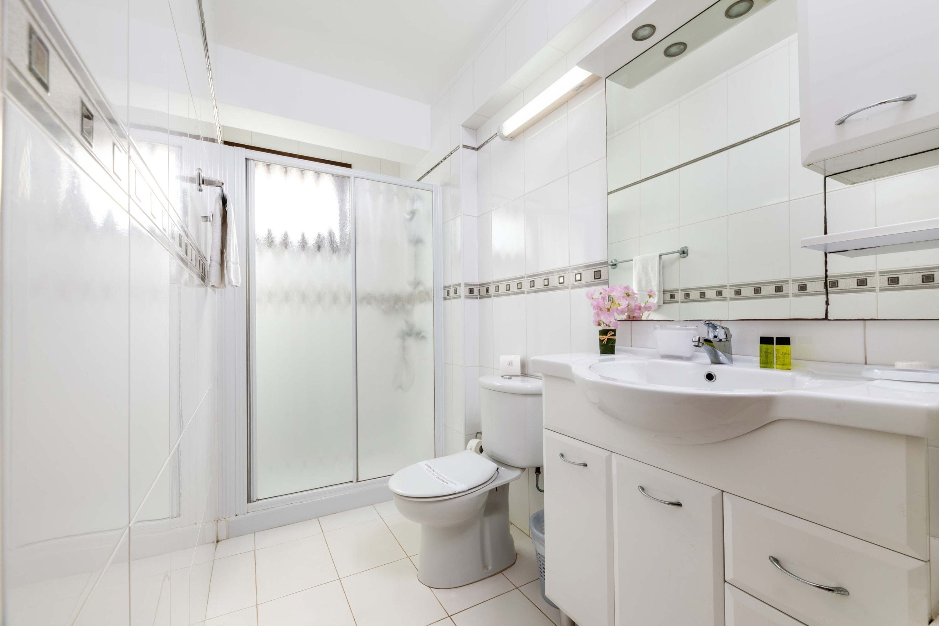 Une salle de bain moderne dotée d’une douche à parois de verre, de toilettes et d’un meuble-lavabo avec un évier et un miroir.
