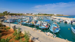 Un puerto deportivo con varias embarcaciones amarradas, una playa de arena y edificios al fondo.