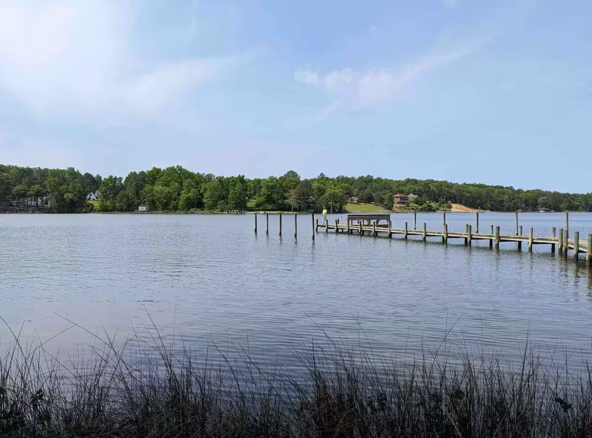 A calm lake with a wooden dock extending into the water.
