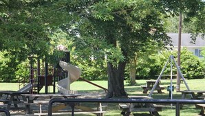Une aire de jeux avec un toboggan, des balançoires et des tables de pique-nique, située dans un parc.