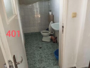 Shower, towels, soap, toilet paper