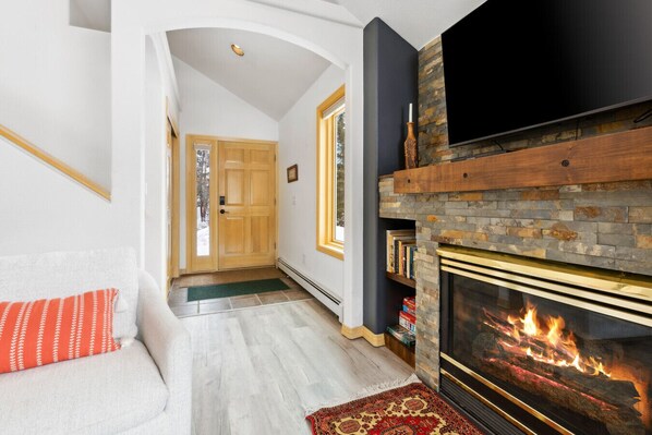 Smart TV, fireplace, books