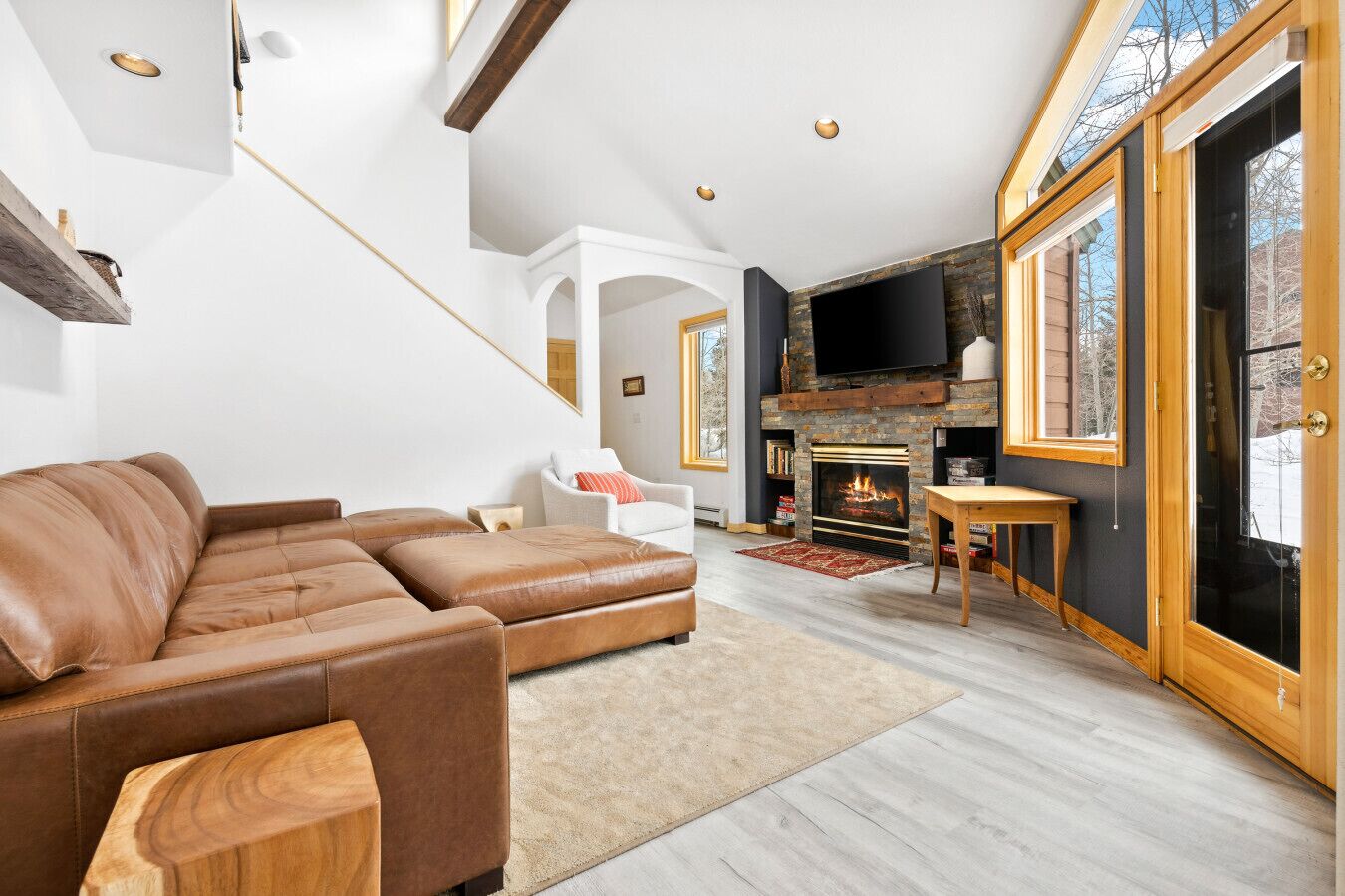 Smart TV, fireplace, books