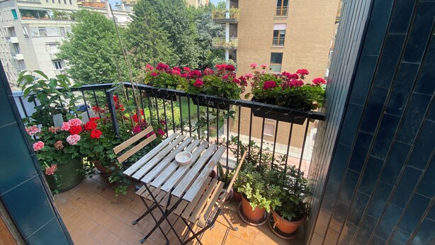 Un balcón con una mesa y sillas de madera, plantas en macetas y vistas de edificios circundantes.
