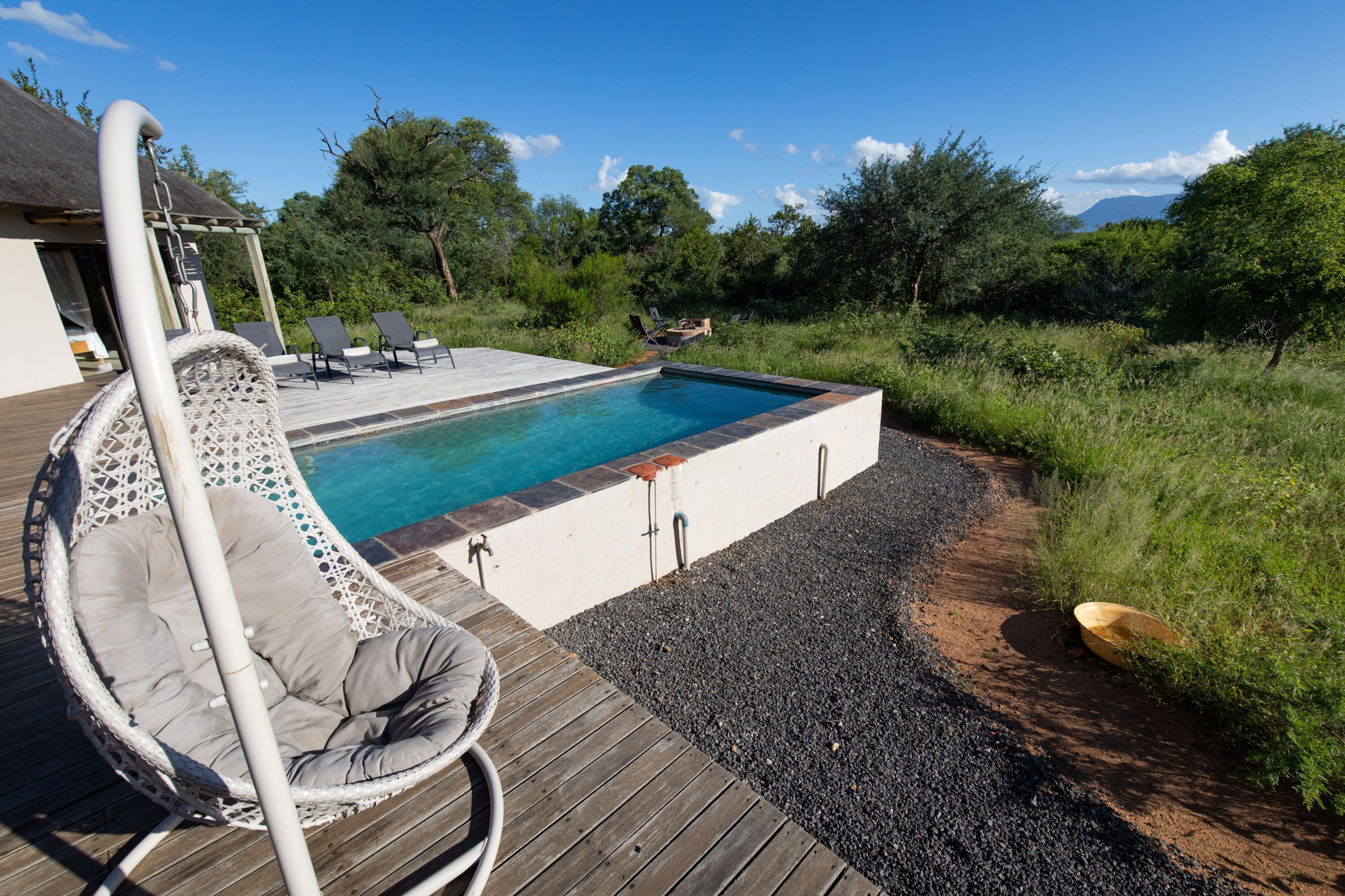 Et rektangulært pool med træterrasse og en hængestol.