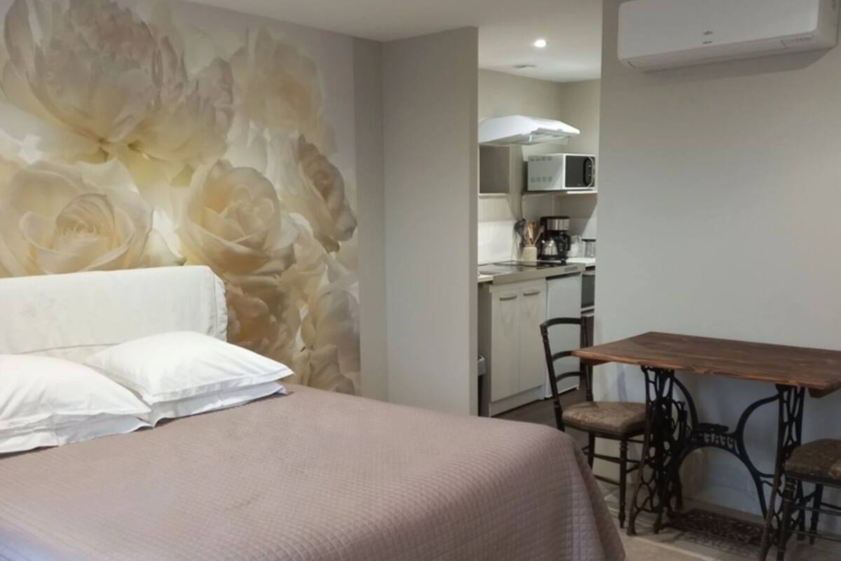 Une chambre avec un lit, une table à manger avec des chaises, un coin cuisine et un appareil de climatisation.